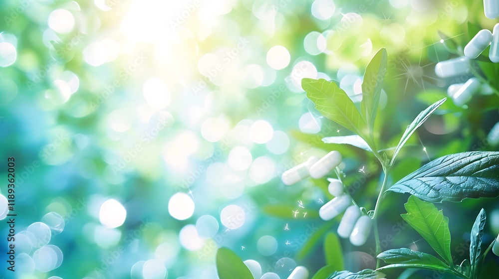 green leaves, featuring a blurred light background and abstract white lines depicting connections green leaves, featuring a blurred light background and abstract white lines depicting connections