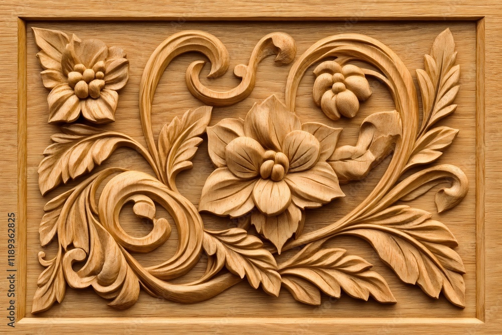 Classical Floral Wood Panel with Symmetrical Design in Light Oak Classical Floral Wood Panel with Symmetrical Design in Light Oak