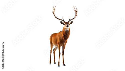 The stag of a red deer stands against a white background in remastered form photo