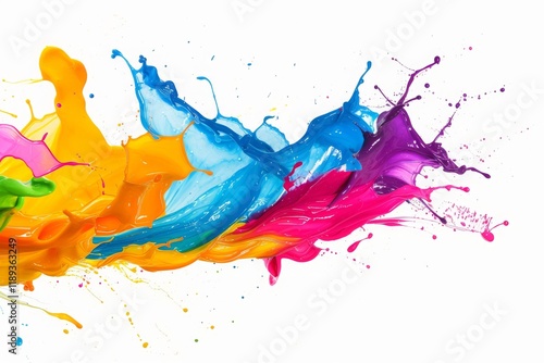 Vibrant splashes of paint in an array of colors diffuse across a white background, showcasing artistic expression and creativity captured in motion, perfect for art enthusiasts and decorators alike photo