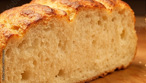 Close up of fresh golden brown bread with crackling crust and airy interior glowing in warm light photo