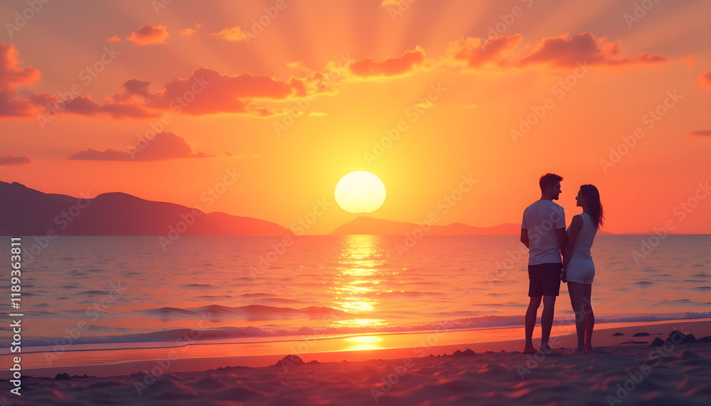 Vector illustration of sunset over sea with couple on beach Vector illustration of sunset over sea with couple on beach