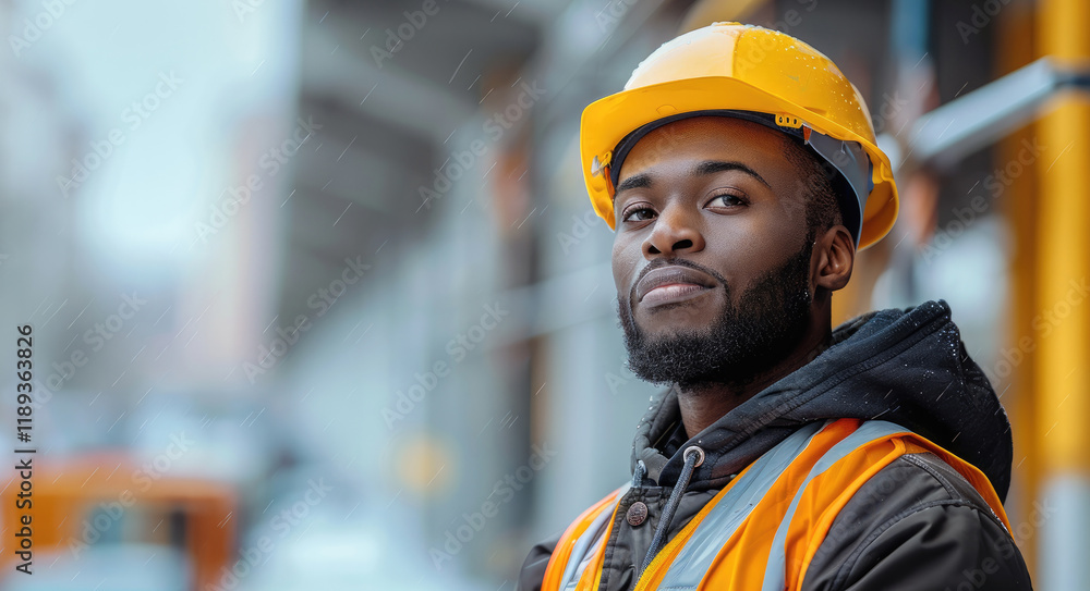 A Black man in a construction outfit, wearing a yellow hard hat. A Black man in a construction outfit, wearing a yellow hard hat.