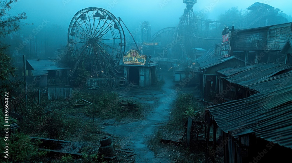 An eerie, abandoned amusement park at dusk, shrouded in a mystical fog. Decayed structures, overgrown vegetation, and a vintage Ferris wheel dominate the scene. An eerie, abandoned amusement park at dusk, shrouded in a mystical fog. Decayed structures, overgrown vegetation, and a vintage Ferris wheel dominate the scene.