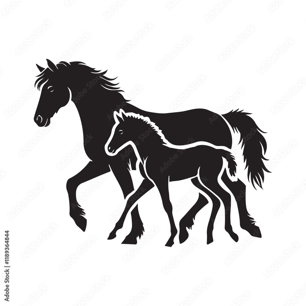 Obraz premium Horse and foal walking silhouette vector art illustration