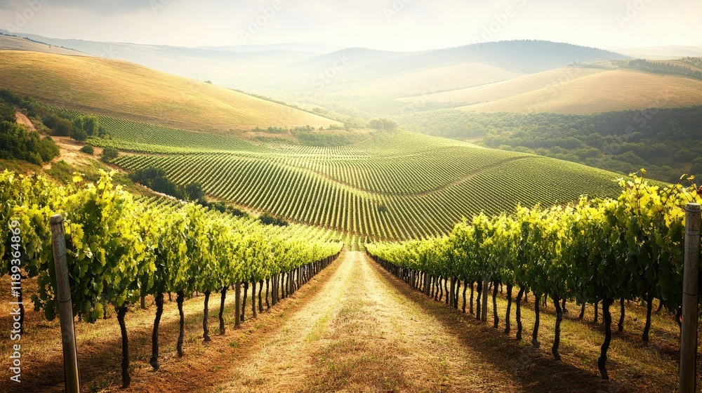 Naklejka premium Sunlit vineyard rows, rolling hills, rural landscape, idyllic wine country scene. Ideal for wine, travel, or agriculture marketing