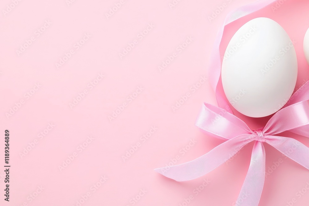 A Pink Ribbon Easter Egg Gift - A single white Easter egg delicately wrapped in a pink ribbon, symbolizing new beginnings, hope, spring, celebration, and faith. A Pink Ribbon Easter Egg Gift - A single white Easter egg delicately wrapped in a pink ribbon, symbolizing new beginnings, hope, spring, celebration, and faith.