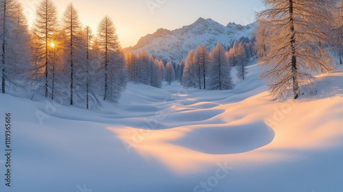 Wallpaper Mural Winter wonderland sunrise in the mountains, snow-covered landscape with coniferous trees and sunlit peaks. Torontodigital.ca