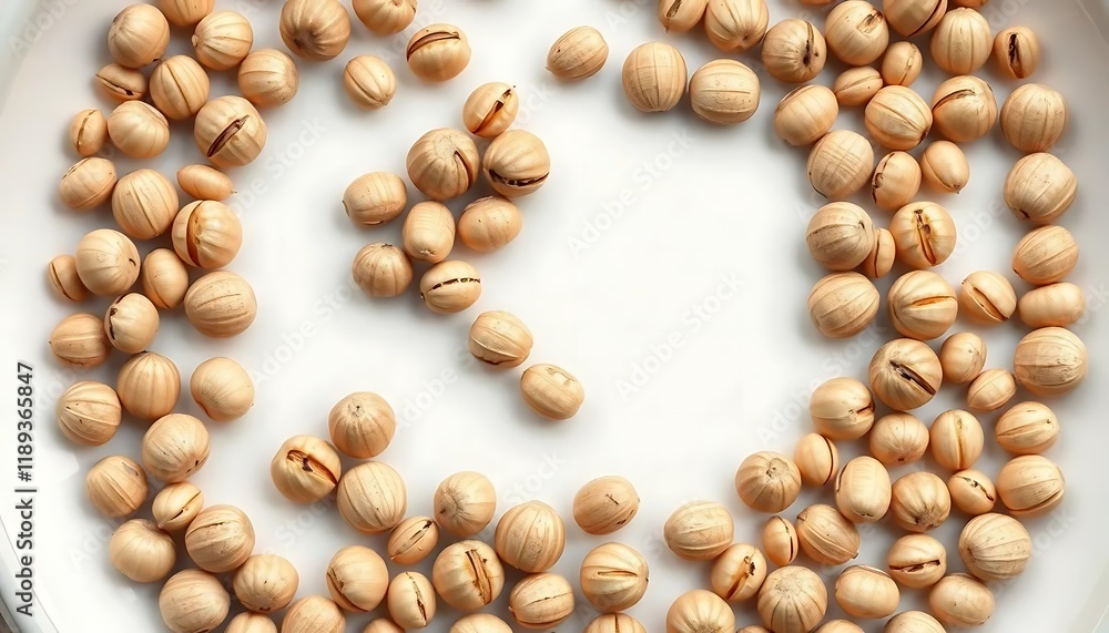 Pale Beige Seeds Arranged on White Plate: A Serene Minimalist Still Life Pale Beige Seeds Arranged on White Plate: A Serene Minimalist Still Life