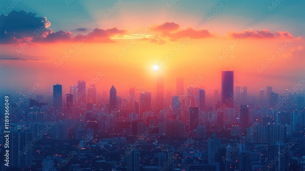 Abstract cityscape at twilight, minimalist style, warm and cool tones blending. Abstract cityscape at twilight, minimalist style, warm and cool tones blending.