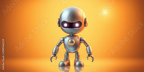 A robot with glowing eyes stands in front of a yellow background. The robot is made of metal and has a mechanical appearance. The scene is set in a futuristic world