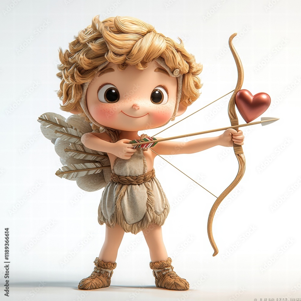 Obraz premium Adorable Cupid: A charming 3D rendering of a cherubic Cupid, poised with bow and arrow, ready to strike with a heart-shaped arrow. Perfect for Valentine's Day or romantic themes.