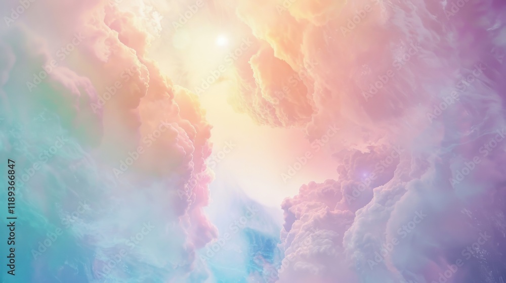 Naklejka premium a surreal dreamscape filled with ethereal light and vibrant hues, white space in the center of the page for text, soft and pastel colors against a backdrop of swirling mist