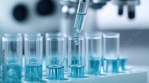 Closeup view of lab process. Liquid added to test tubes. Biotechnological research in lab. Clean environment. Scientific procedure in progress. Innovation in chemical sector. Bio tech applications.