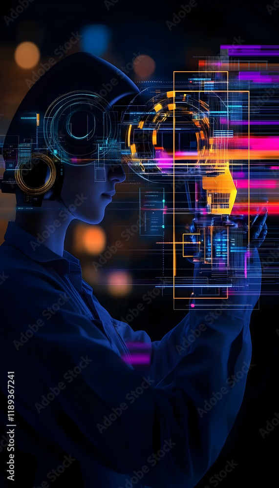 Young person uses futuristic VR headset, interacting with holographic data; city lights blur in background; ideal for tech, innovation, and future concepts Young person uses futuristic VR headset, interacting with holographic data; city lights blur in background; ideal for tech, innovation, and future concepts