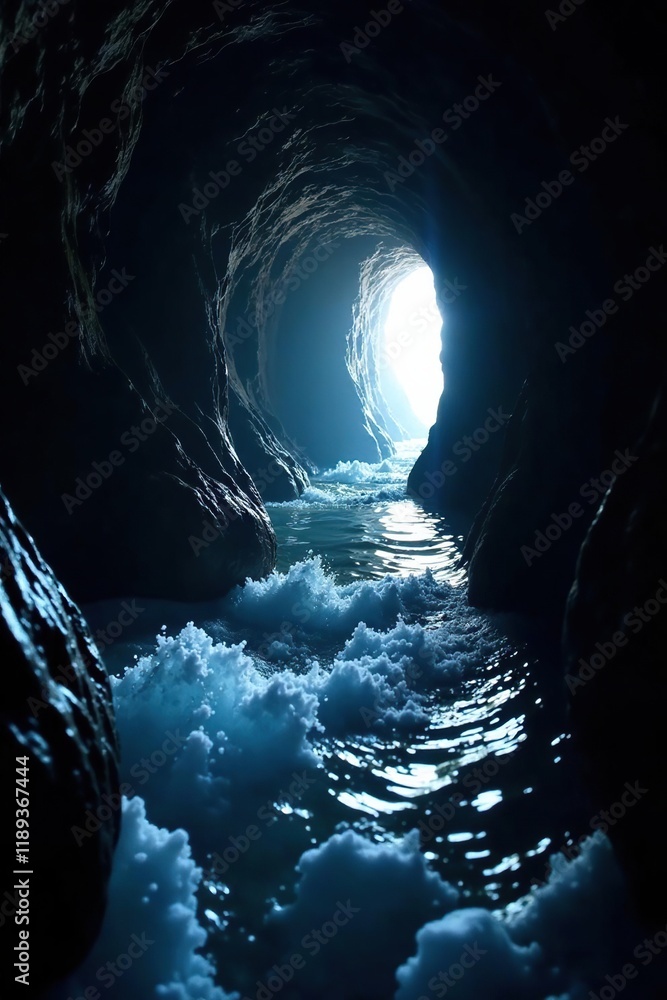 Obraz premium Water flowing through a narrow dark tunnel illuminated by soft white glow, light, shimmering