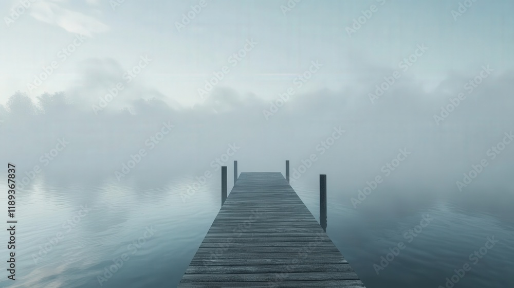 Fototapeta premium a wooden dock extends into a foggy lake