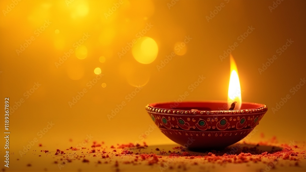 Traditional Oil Lamp with Flame on a Vibrant Yellow Background Traditional Oil Lamp with Flame on a Vibrant Yellow Background