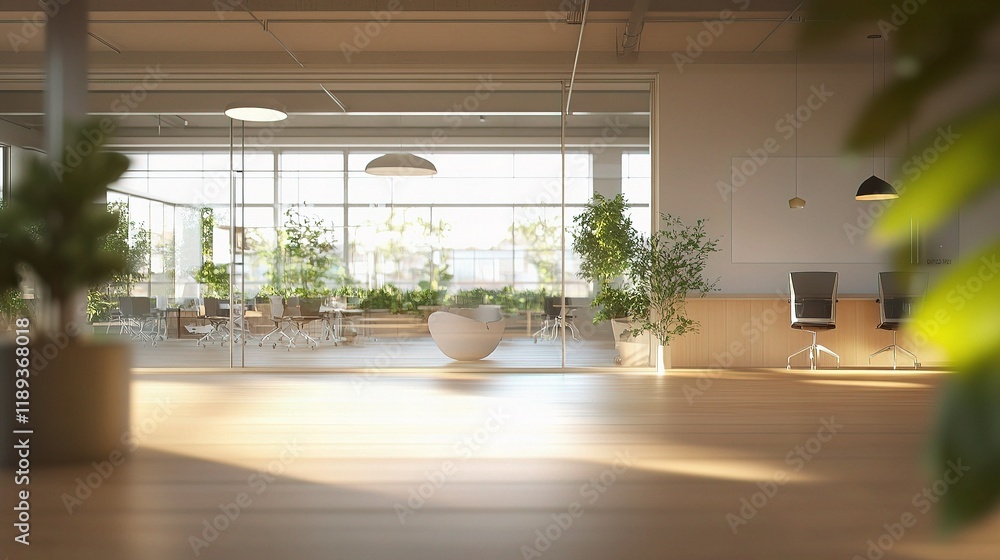 Fototapeta premium Sunlit Modern Office Lobby: A bright and airy modern office lobby with large windows, light wood floors, and abundant greenery creating a calm and productive workspace.