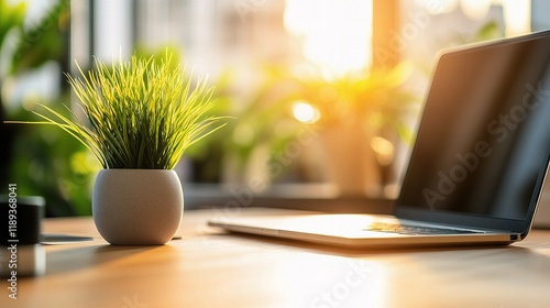 Wallpaper Mural Laptop & Greenery: A contemporary office desk bathed in warm sunlight, featuring a sleek laptop and a potted plant, showcasing a sense of tranquility and productivity.  Torontodigital.ca