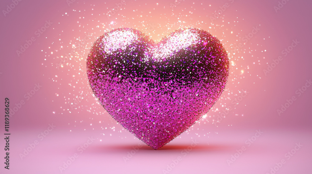 Obraz premium Glittering pink heart with sparkling particles on pastel pink background