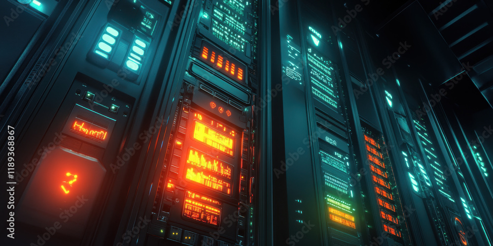 Obraz premium A close-up shot displays a server rack with illuminated status indicators and digital displays. The setting is a modern data center, showcasing high-tech computing equipment at nighttime.