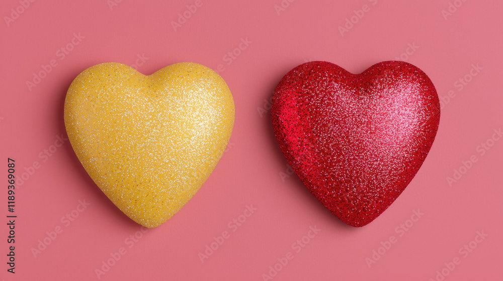 Fototapeta premium Glittery red and yellow hearts on pink background, radiating charm and love