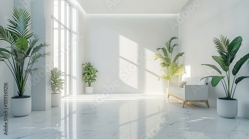 Fototapeta Naklejka Na Ścianę i Meble -  Minimalist office space with clean white walls, simple furniture, and potted plants, creating a serene environment.