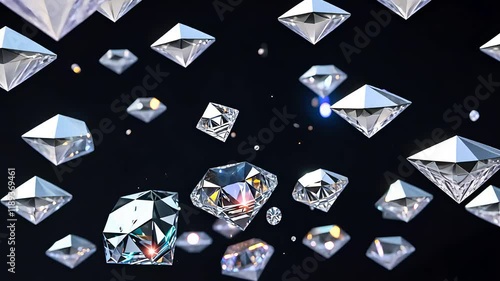 Floating Sparkling Diamonds on a Black Background with Crystal Clarity and Stunning Reflections in Motion

 photo