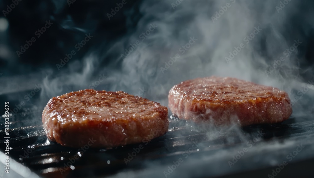 グリルで焼かれるジューシーなハンバーガーパティの新鮮な香りと音 グリルで焼かれるジューシーなハンバーガーパティの新鮮な香りと音