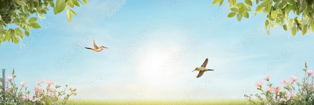 Fototapeta premium Springtime Birds in Flight - Two birds soar, symbolizing freedom, nature, peace, serenity, and hope. A tranquil scene.