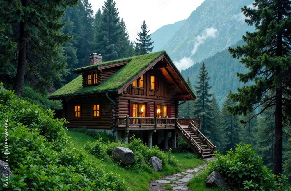 Mountain hut deep inside green forest Mountain hut deep inside green forest