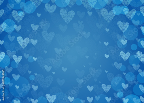Blue background with bokeh hearts. Valentine day romantic backdrop for postcards, design, banners. Bright blue sky vector illustration with lace decorative hearts.