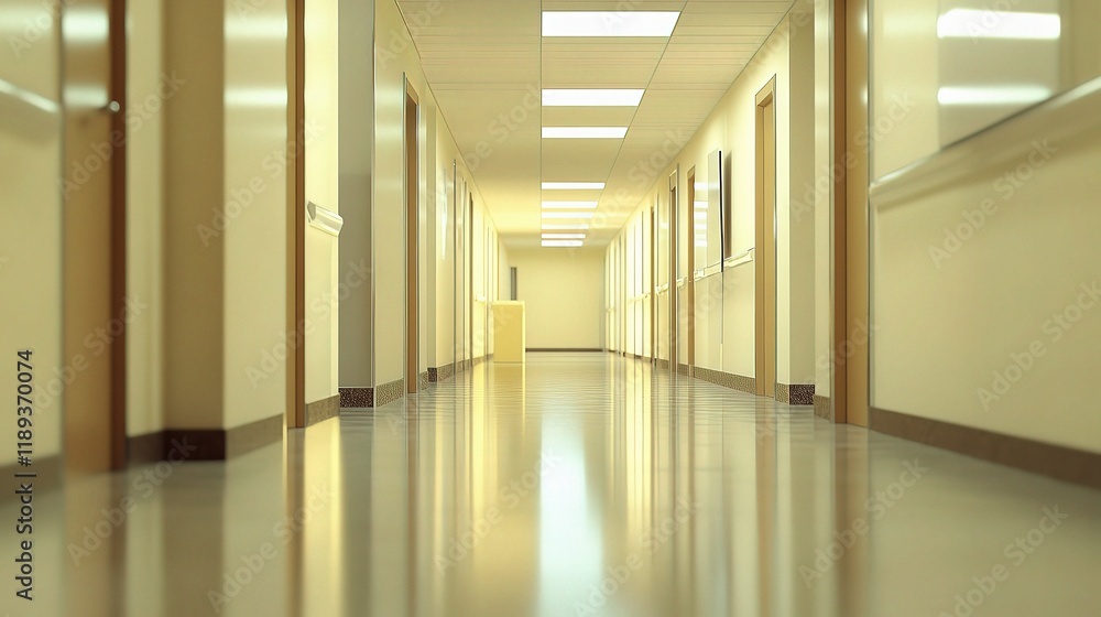 Long, Empty Hospital Corridor: A sterile, bright-lit hospital corridor stretches out, its smooth floors reflecting the overhead lights in a clean, minimalist scene. Long, Empty Hospital Corridor: A sterile, bright-lit hospital corridor stretches out, its smooth floors reflecting the overhead lights in a clean, minimalist scene.