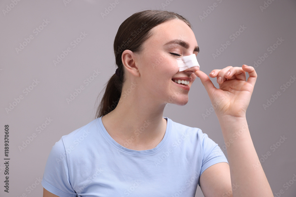 Woman with medical bandage on her nose after plastic surgery operation against grey background Woman with medical bandage on her nose after plastic surgery operation against grey background