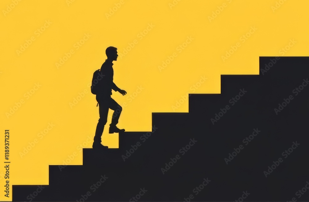 The screen is divided into yellow and black by steps, along which the silhouette of a person rises up. The concept of development, career growth, ascent and ascent. The screen is divided into yellow and black by steps, along which the silhouette of a person rises up. The concept of development, career growth, ascent and ascent.