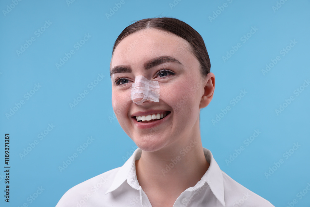 Woman with medical bandage on her nose after plastic surgery operation against light blue background Woman with medical bandage on her nose after plastic surgery operation against light blue background