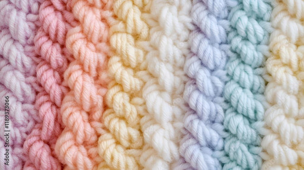Close-up of pastel rainbow textured crochet fabric. Close-up of pastel rainbow textured crochet fabric.