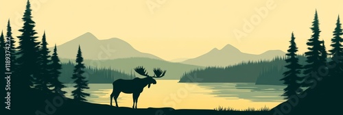 Moose Silhouette by Lake and Mountains - A serene landscape showcasing a moose silhouette against the backdrop of a tranquil lake, majestic mountains, and evergreen forests. Symbolizing wildlife, natu photo