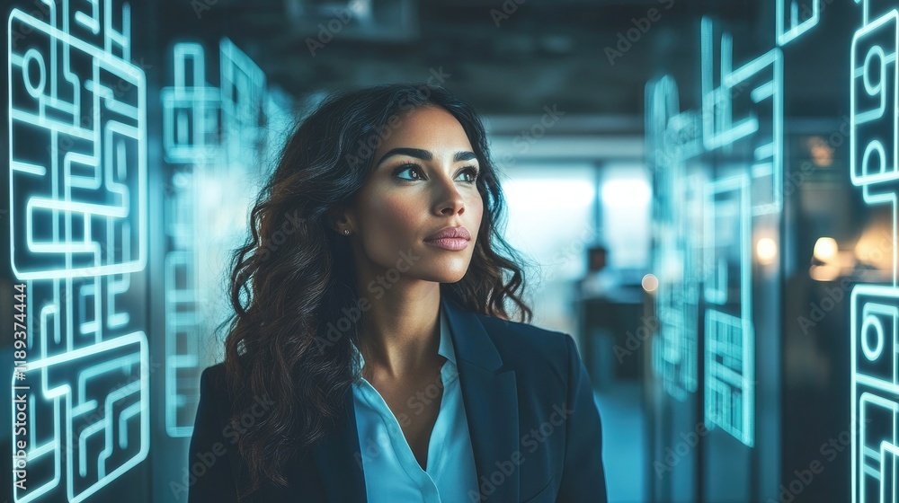 A professional woman gazes thoughtfully in a modern office with illuminated designs. A professional woman gazes thoughtfully in a modern office with illuminated designs.