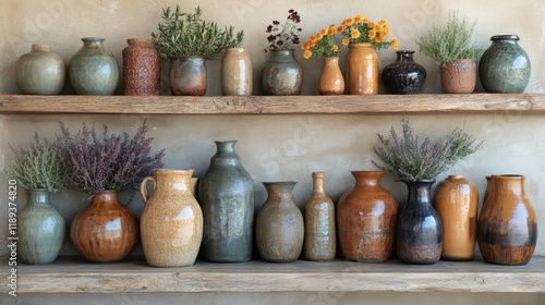 Display of traditional pottery arranged on rustic shelves with dried flowers
