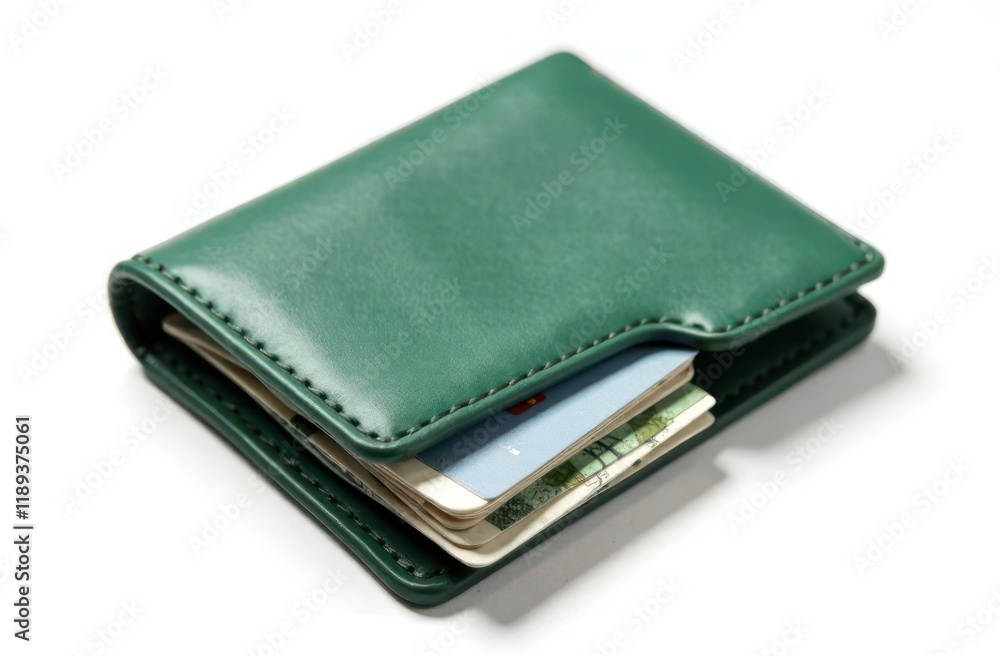 Close-up of Wallet green color genuine leather texture with banknotes and credit card inside isolated on white background, Male purse Close-up of Wallet green color genuine leather texture with banknotes and credit card inside isolated on white background, Male purse