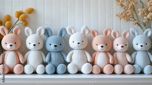 Collection of colorful knitted bunny toys arranged on a shelf in cozy interio...