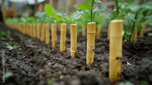 Growing red tomatoes supported by bamboo stakes in a lush garden under bright...