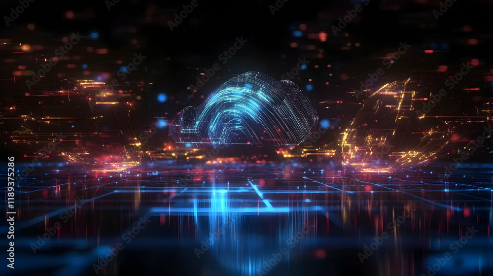 Obraz premium Abstract digital landscape, glowing energy, futuristic city, network grid, technology background, ideal for tech or sci-fi projects