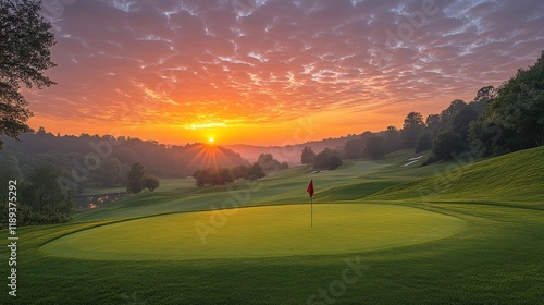 Beautiful sunset over a golf course with a flag in the foreground