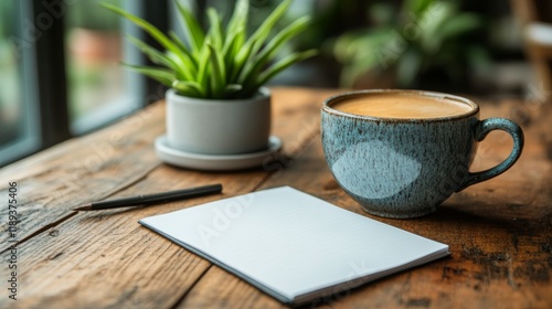 Cozy workspace with a cup of coffee and blank paper on a rustic wooden table ...