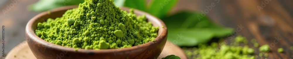 Wooden bowl holds a generous portion of healthy green moringa leaves powder, organic, wood Wooden bowl holds a generous portion of healthy green moringa leaves powder, organic, wood