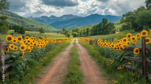 Sunflower-lined dirt path leading to a rustic cabin in a serene countryside l...