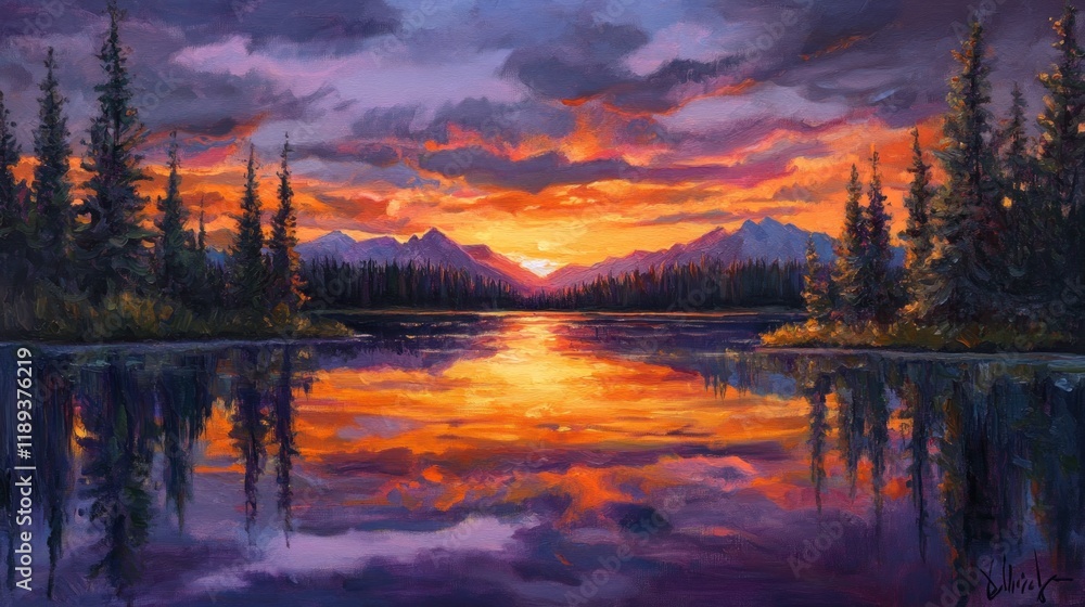 Fiery sunset reflecting on calm mountain lake, forest backdrop, print Fiery sunset reflecting on calm mountain lake, forest backdrop, print